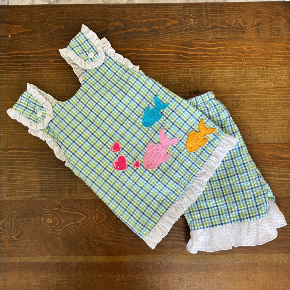 PETIT AMI 3T Plaid Ruffle Fish Appliqué Outfit